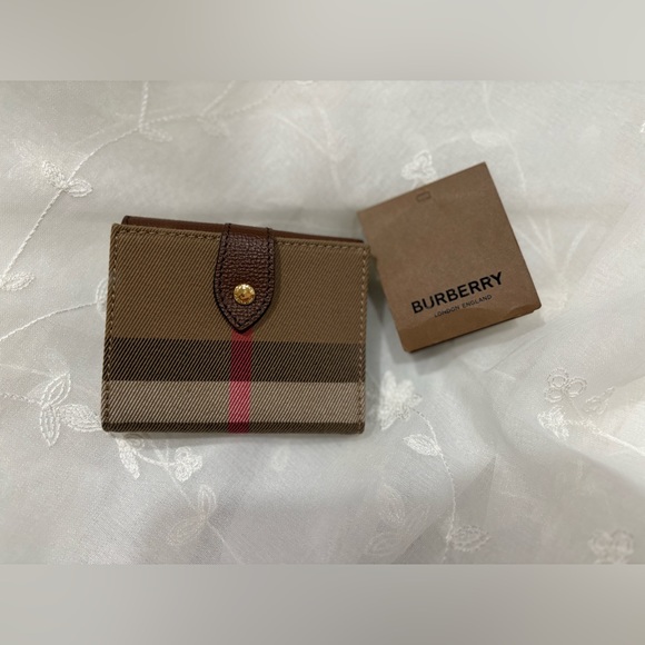 Burberry Luna Tan Grained Leather House Check Canvas Coin Pouch Snap Wallet - Picture 3 of 6